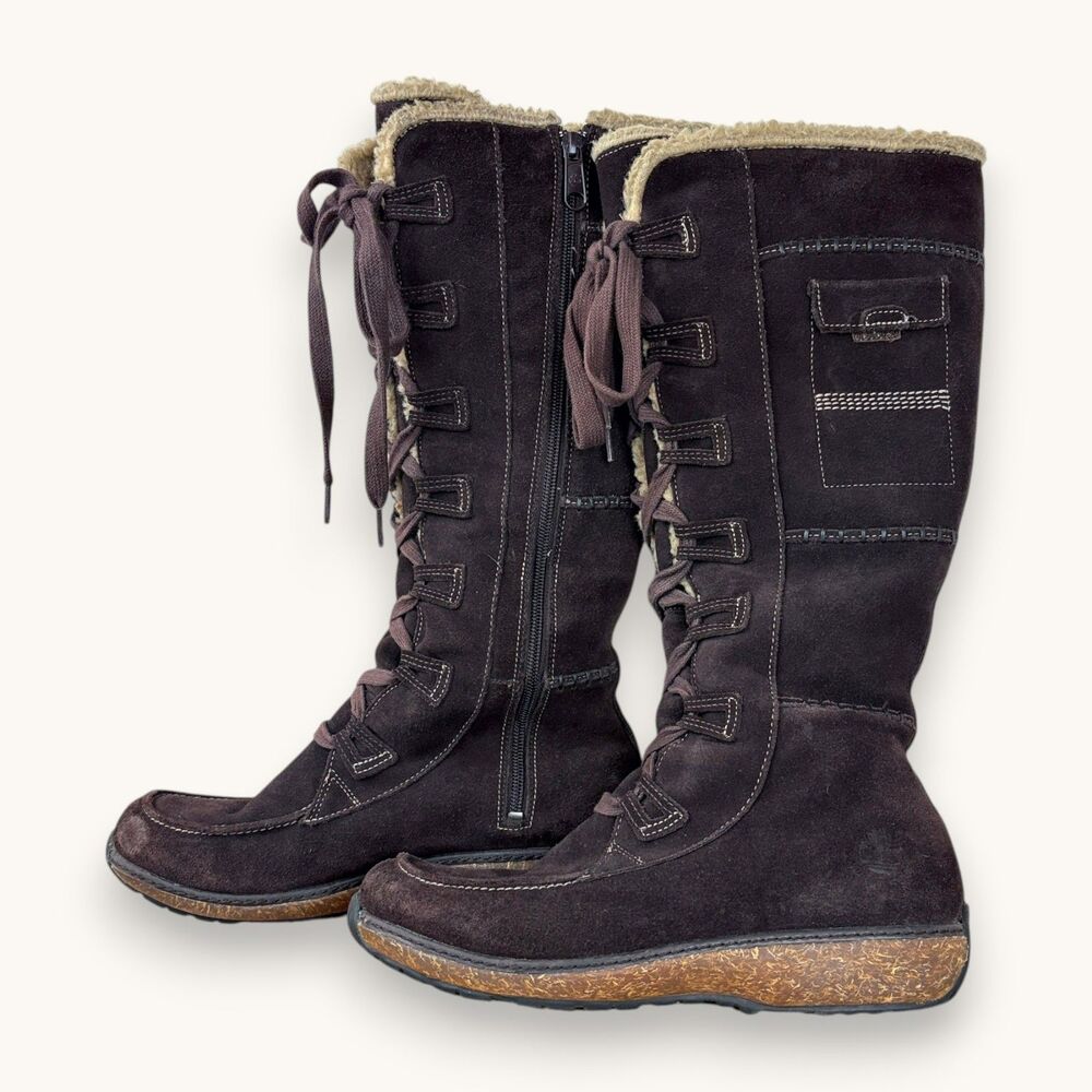 Timberland Earthkeepers Brown Suede Lace-Up Tall Boots Shearling Lined W9